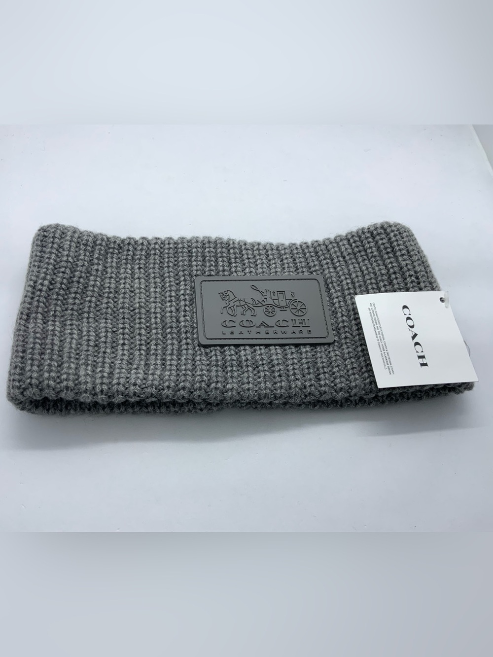 COACH Gray Ribbed Knit Headband with Leather Logo Patch